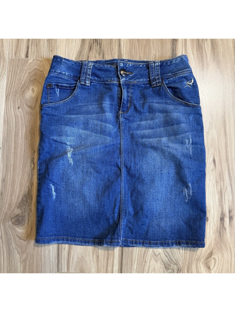 For Me Too Denim Pencil Skirt Y2K Distressed Bird Embroidery Size 8 USA 8 EUR 42